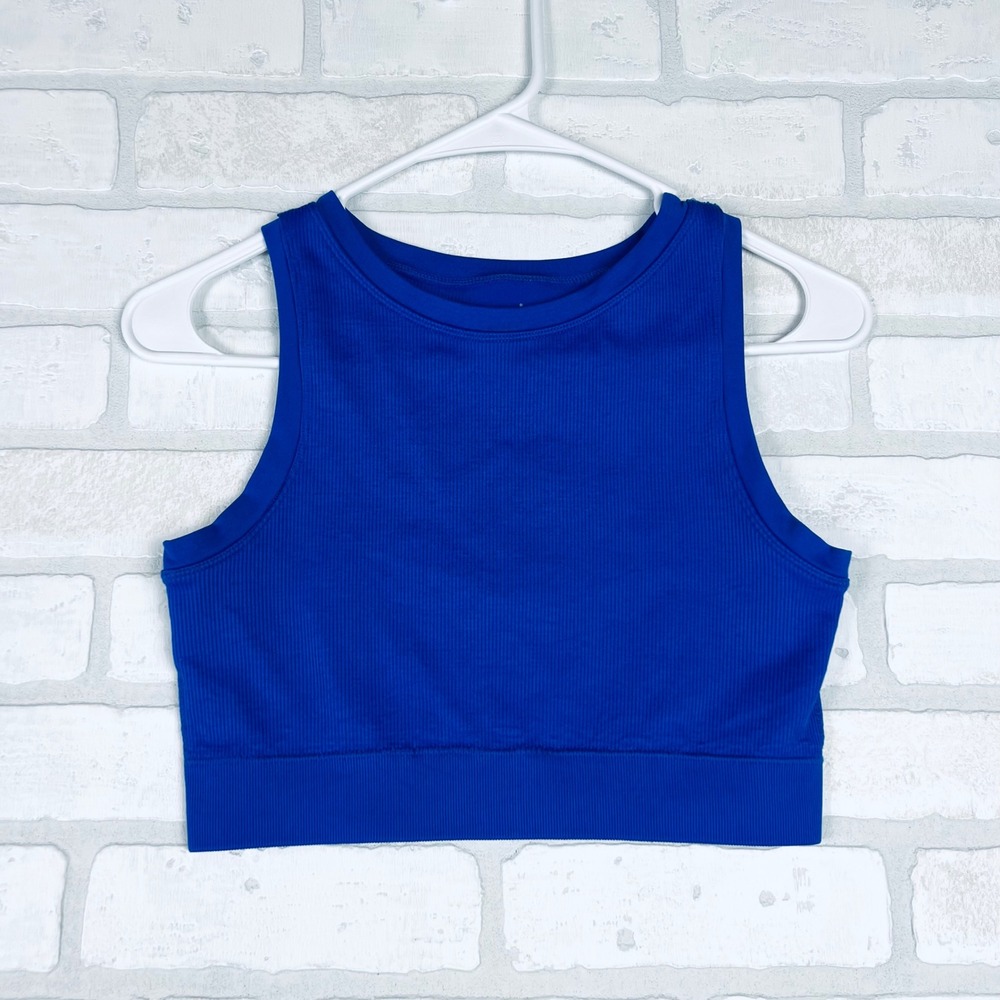 Pro-Fit Seamless Ribbed Crop Tank Top Royal Blue High Neck Athletic Size L